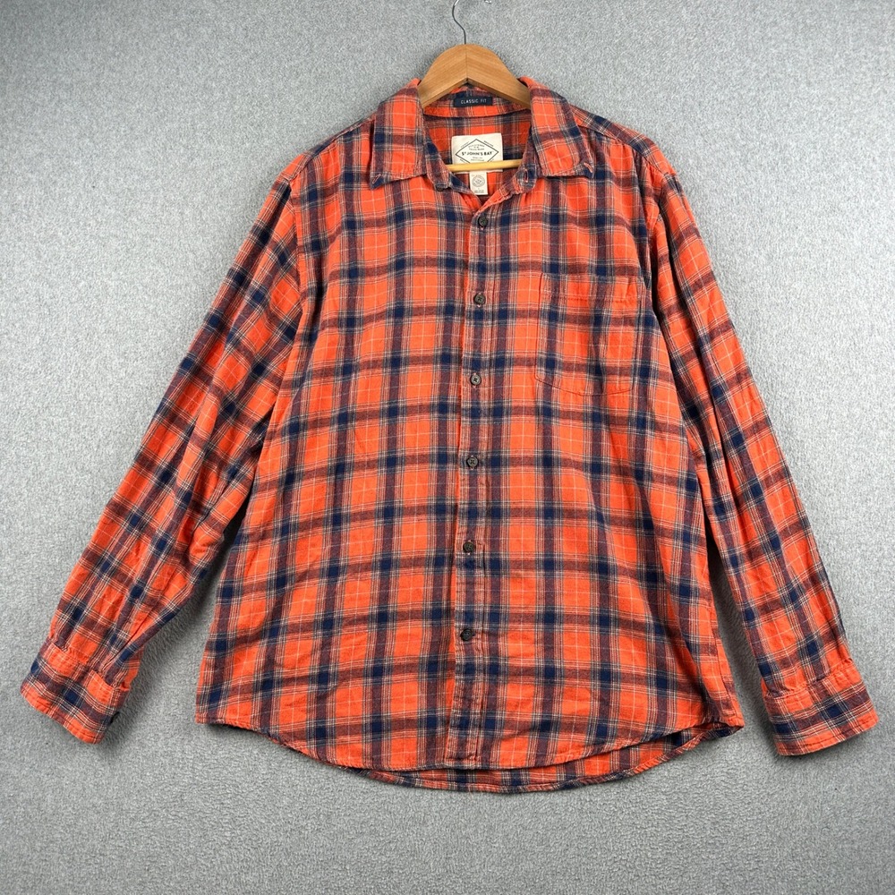 St. Johns Bay Flannel Shirt Mens L Classic Fit Orange Plaid Button-Down